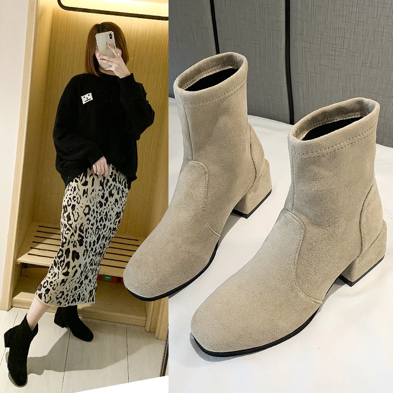 2024 New Autumn and Winter New Thick Heel Square Toe Boots Short Boots Fashion Stitching Suede Gentle Slim Boots Women D101