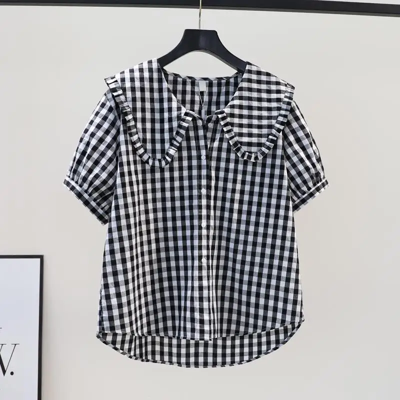 Casual Commuting Black White Plaid Doll Neck Shirt for Women 2024 Korean Version Lazy Style Retro Loose Short Sleeved Trendy Top