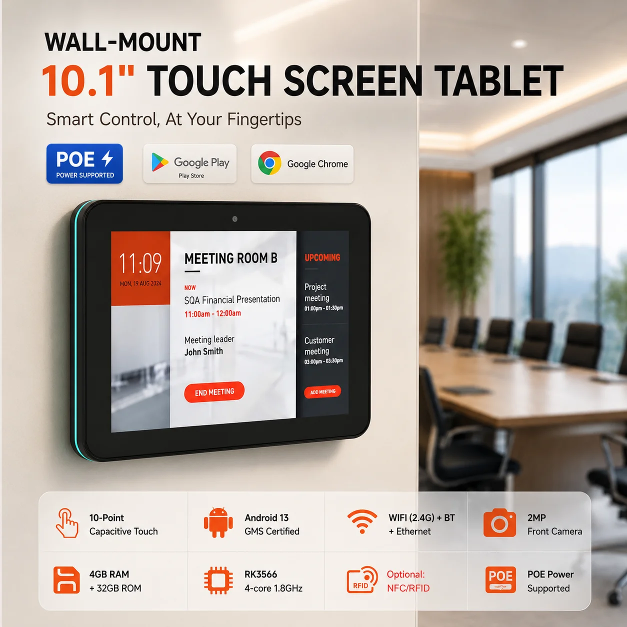 10.1 inch 1200x800 Touch Screen Tablet Android 13 RK3566 4-core 4G 32G NFC RFID Digital Signage RJ45 POE Surveillanc Monitor