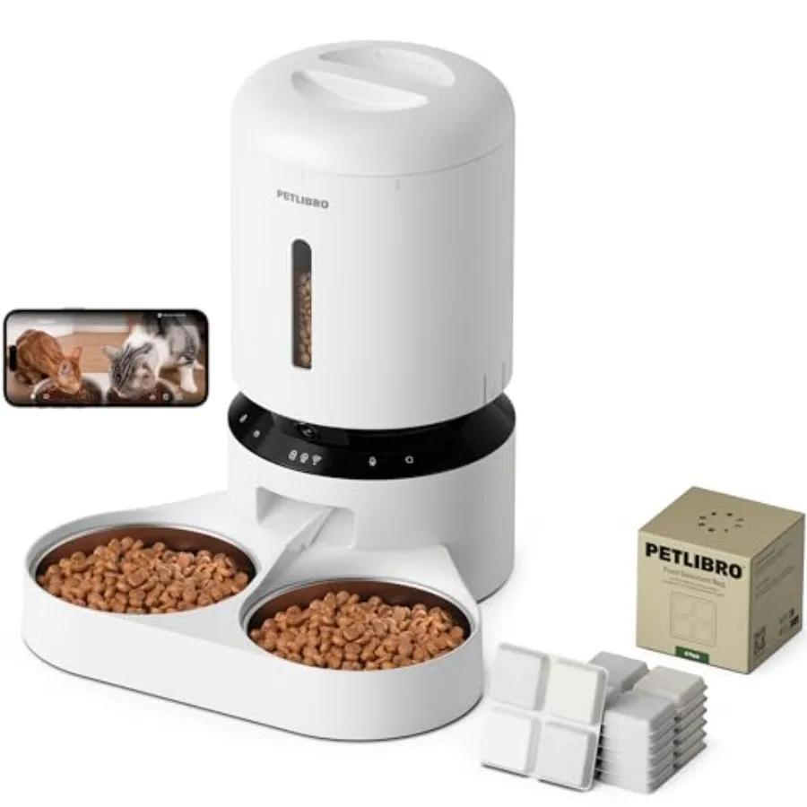 Automatic Cat Feeder with Camera for 2 Cats Dual Tray White 6 Packs Pet Food Desiccant Bag
