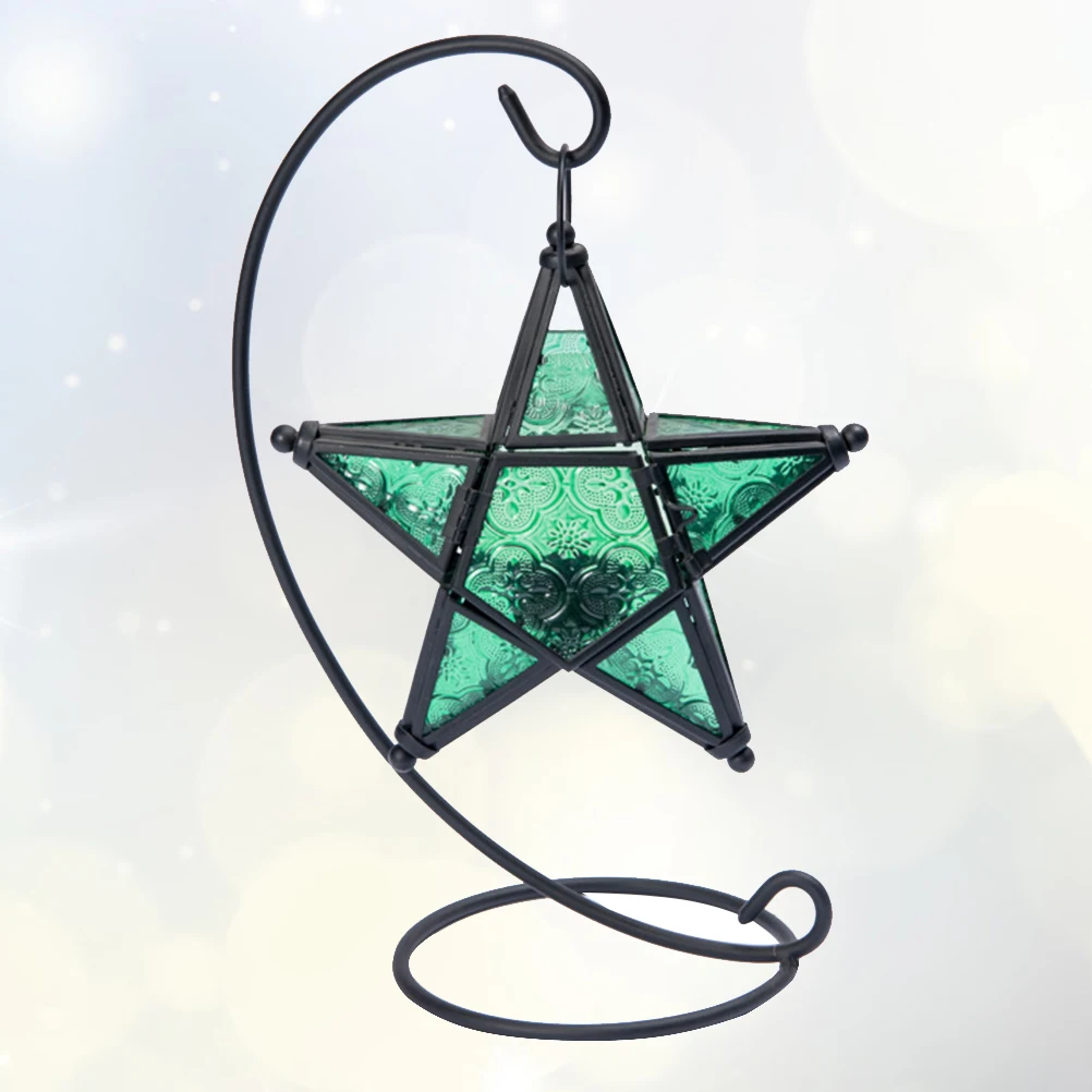 

Green Glass Pentagram Candlestick Aromatherapy Essential Oil Burner Iron Base Decorative Tea Light Holder for Living Room