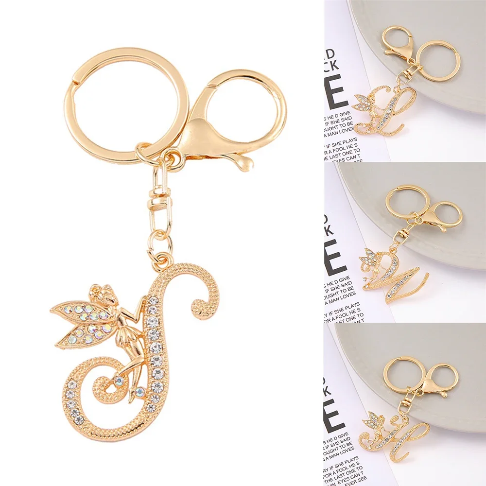 Delicate Fairy Angel 26 Initial Keyring Rhinestone A-Z Capital Letter Car Key Chain Bag Pendant For Women Romantic Jewelry Gift