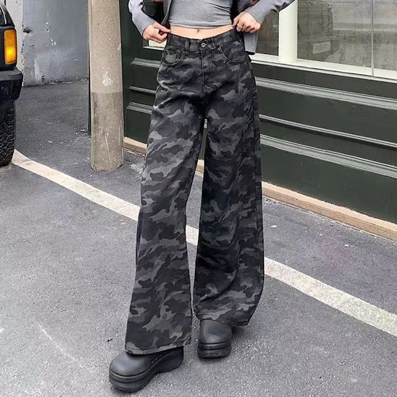 

Girls Vintage Camouflage Wide Leg Jeans Female High Waist Loose Cargo Pants Women Fashion Leisure Denim Trousers