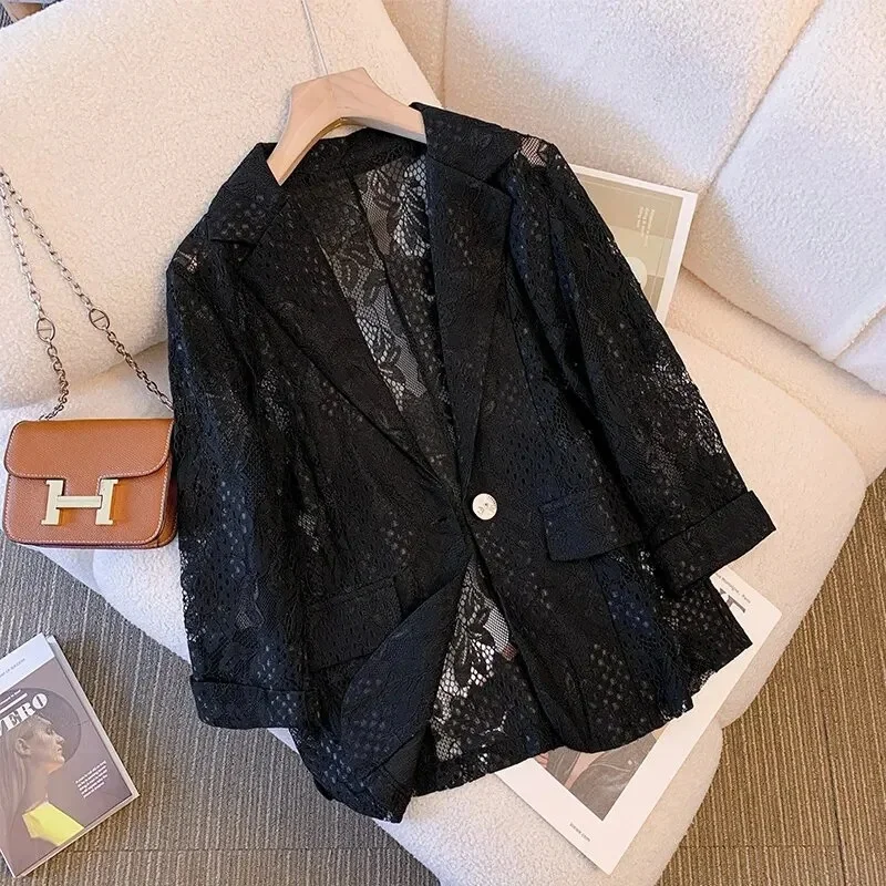 2024 Summer Lightweight Small Suit Coat Women's New Fashion Korean Edition Casual and Beautiful Temperament Hollow out Suit Top