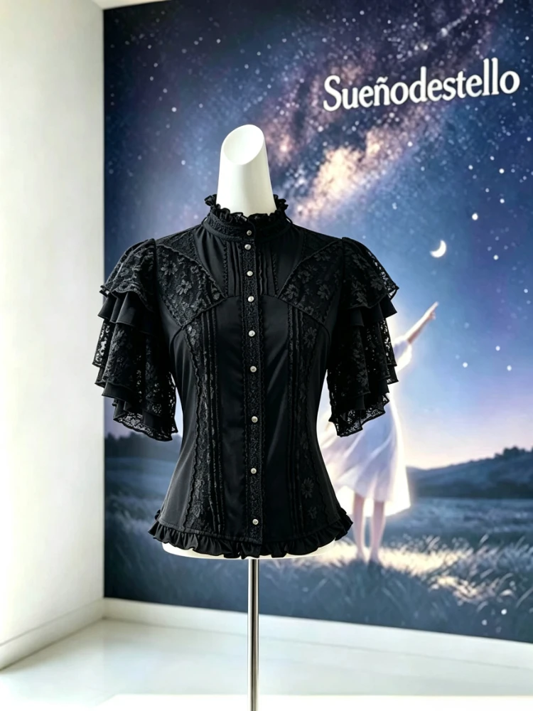 Gothic Victorian Lolita Blouse Women Floral Lace Trim Ruffle Short Sleeve Button Decor Slim Fit Cute Harajuku Tea Party Outfit