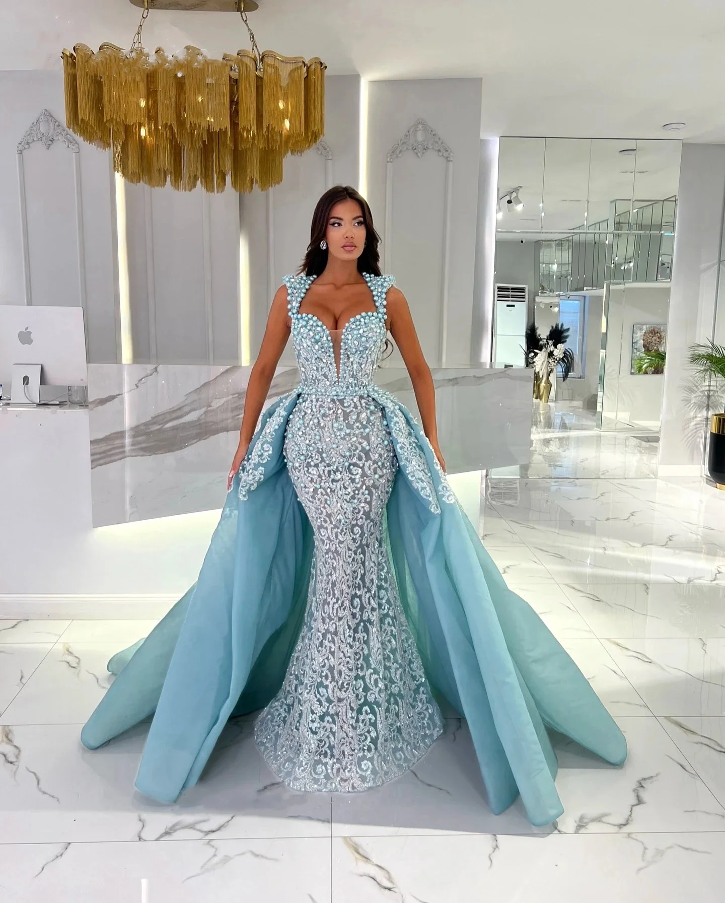 

Glamorous Pearls Mermaid Prom Dresses Sequins Beading Evening Gowns with Detachable Train Illusion Party Dress Robes de soirée