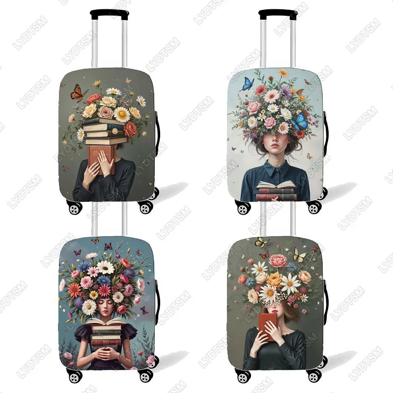 

18-30 Inches Elegant Woman and Books Graphic Print Luggage Cover Flowers and Butterfly Trolley Protective Suitcase Cover