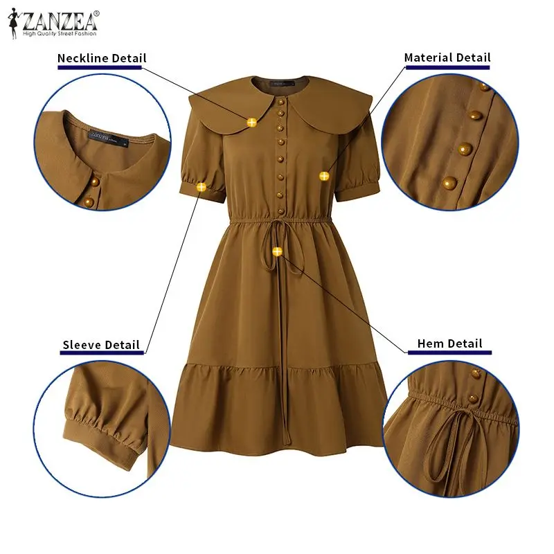 스타일리시한 러플 드레스 ZANZEA 여성용 2026 여름 드레스 우아한 라펠 넥 짧은 소매 파티 워크 썬드레스 솔리드 버튼 미디 로브