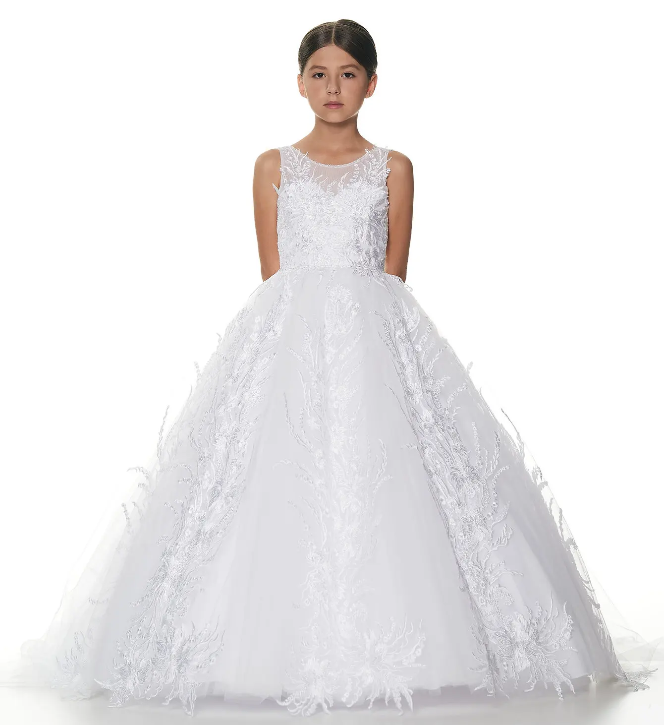 Luxurious Princess Wedding Girl Dresses White Ivory Lace Appliques Tulle Gowns Flower Kid A Line Ball Gown Junior Bridesmaid