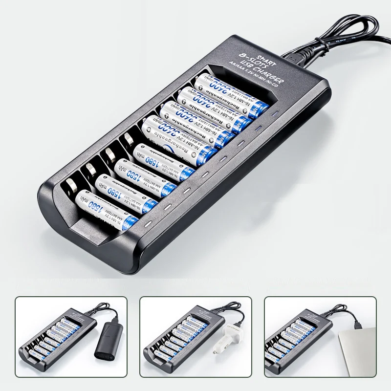 8 Slots Smart Electric USB Charger DC 5V 2A For 1.2V AA/AAA Ni-MH/Ni-Cd Rechargeable Battery LED Light Indicator