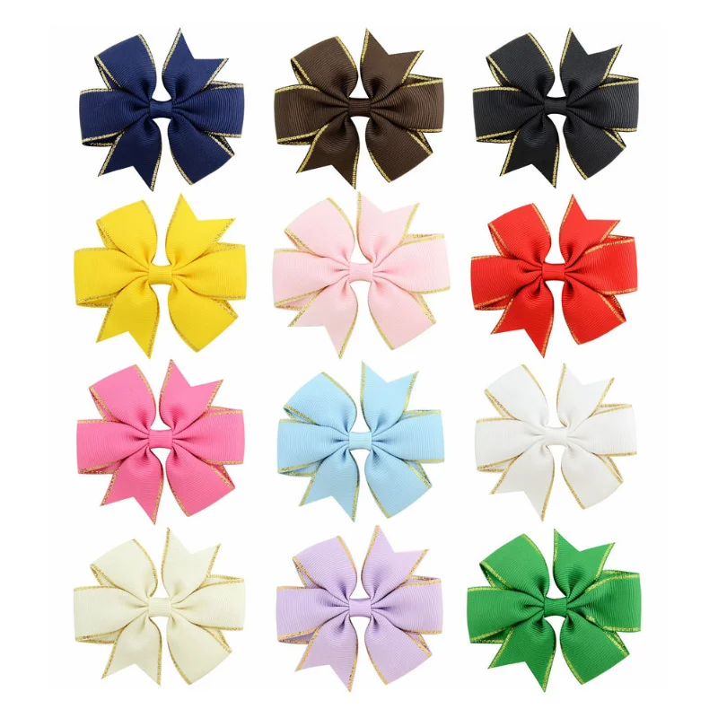 

NEW Gold Thread Solid Hair Bows Grosgrain Ribbon Hairpin Girl's 3inch Bowknot Hairclip Headware Kids Accessories