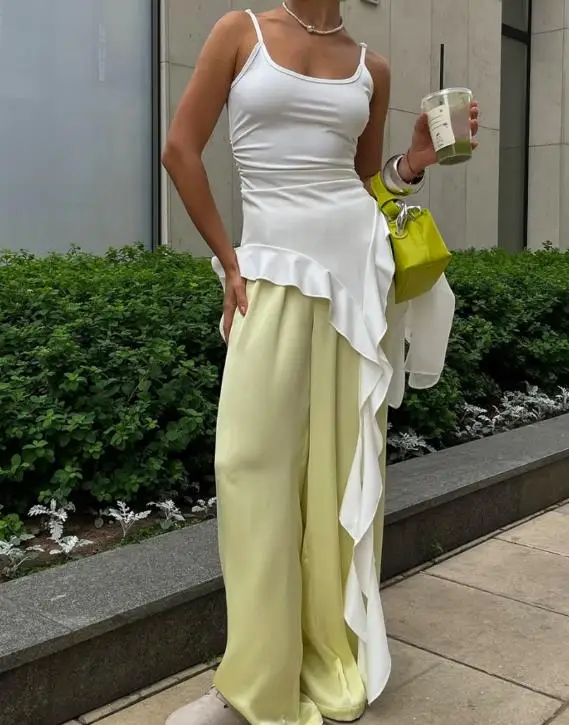 

2026 Spring/summer Spicy Girl Style Small Suspender Women's White Slim Fit Ruffle Edge Ribbon Irregular Top