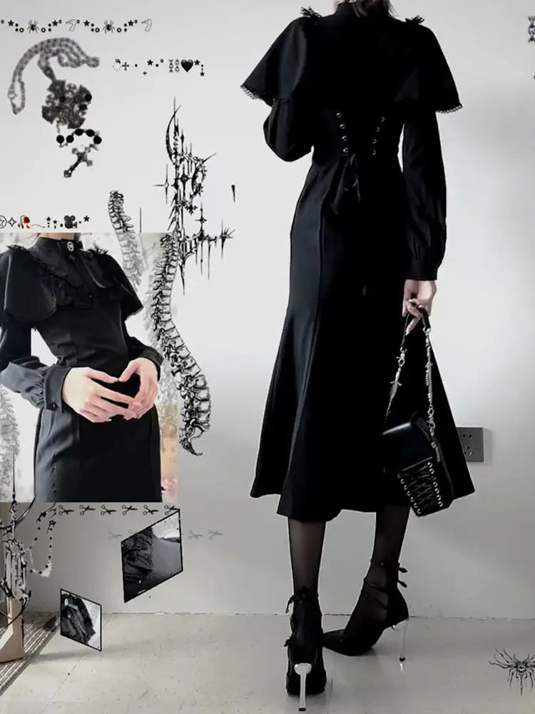 Halloween Vampire sous-culture Style gothique foncé à manches longues robe cape femmes automne Y2k mode moulante sirène longue robe 2025