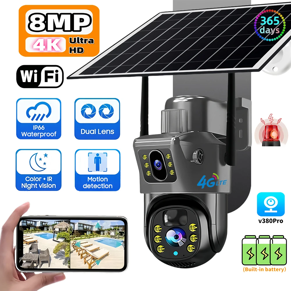 Dual Lens Solar 4G IP Camera 8MP 4K Wireless Surveillance Camera WiFi for Smart Home Night Vision with People Detection CCTV