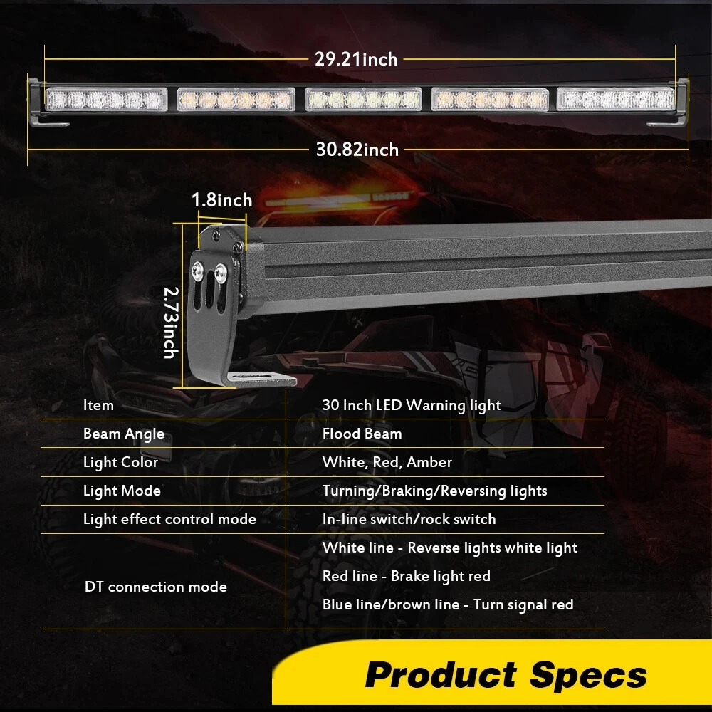 for Polaris Ranger, General, RZR UTV 30inch Rear Chase LED Light Bar Brake Reverse Running Strobe Turn Signal Light Waterproof