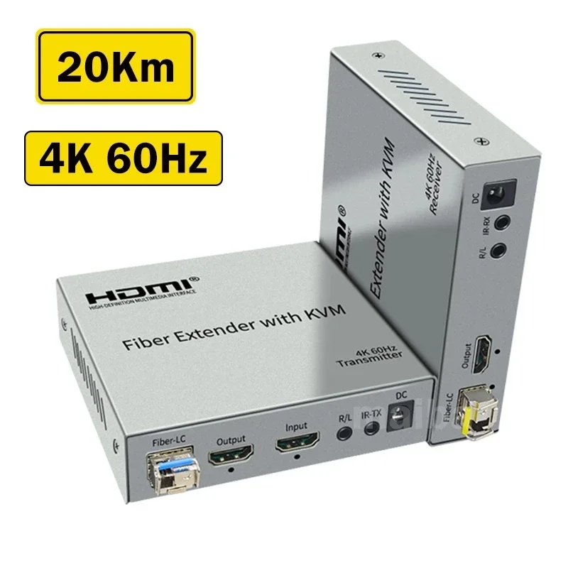 20Km 4K 60Hz HDMI KVM Fiber Extender over LC Fiber Cable HDMI to Fiber Optical Transceiver Video Extender Support Keyboard Mouse