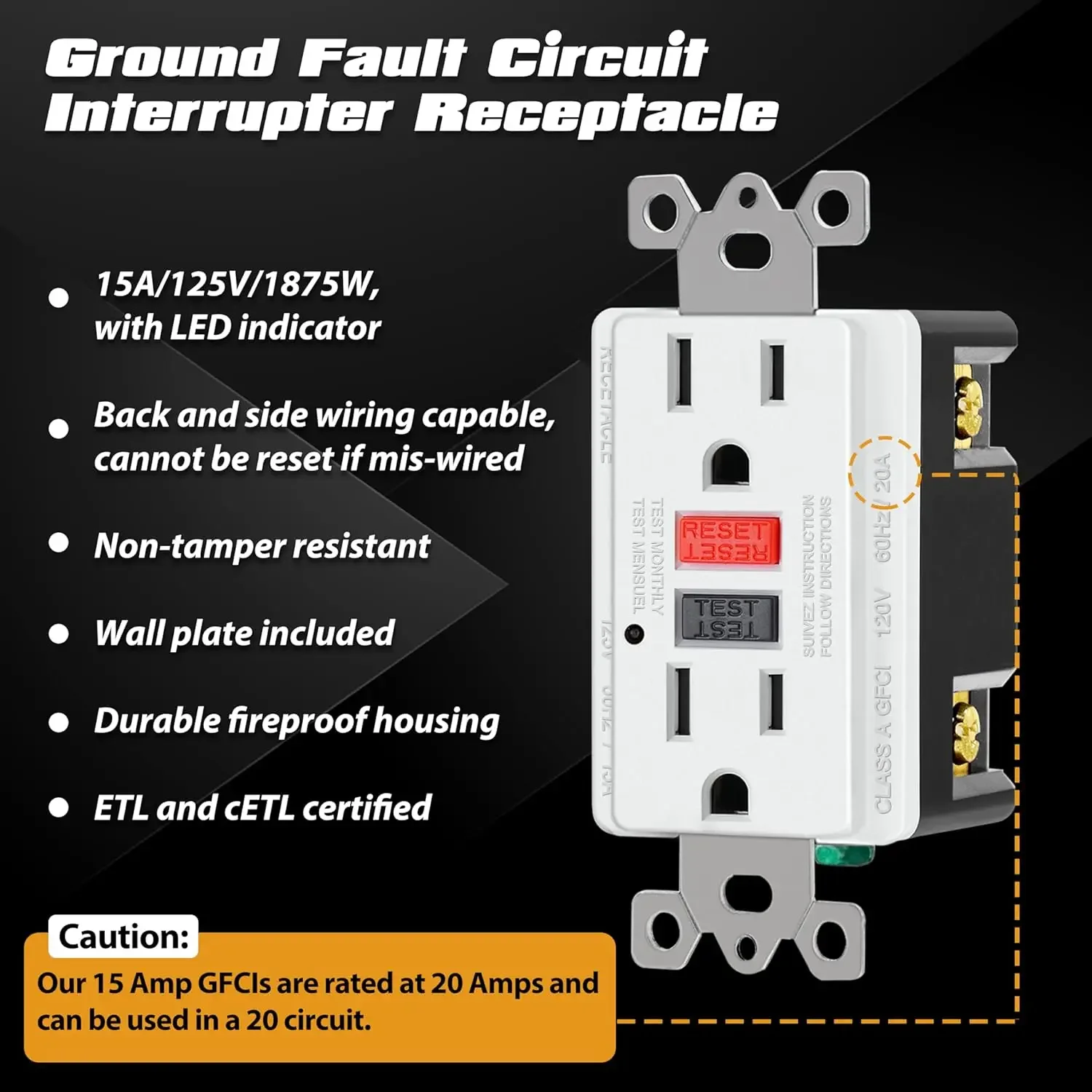 10 PaReceptacles with LED Indicator, Ground Fault Circuit Interrupter, Wallplate Included, ETL Listed,