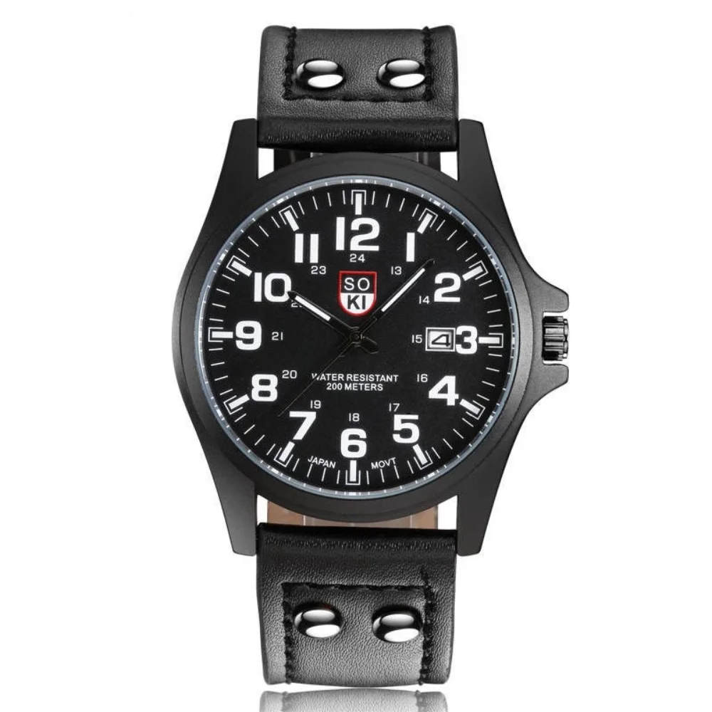 2024 Vintage Classic Stainless Steel Waterproof Date Leather Strap Men Watch Sport Quartz Army Fashion Digital Clock