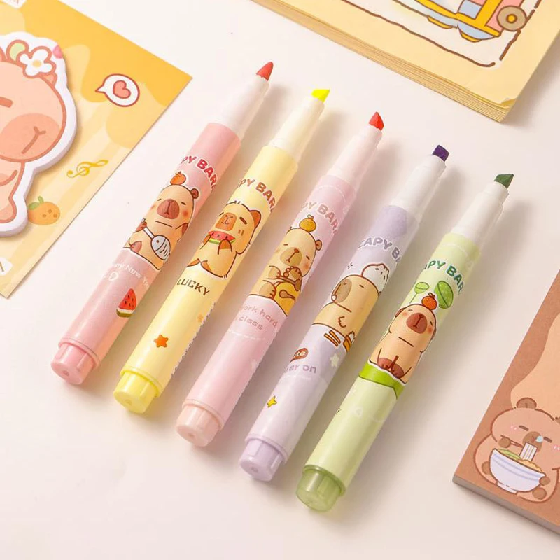 6Pcs Nette Cartoon Capybara Highlighter Stift Schreiben Glatte Schnell Trocknende Stifte Schule Bürobedarf Studenten Schreibwaren Geschenke