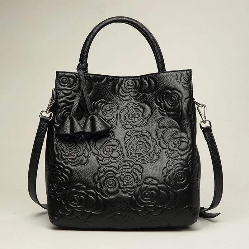 Genuine Cow Leather Women Handbag Camellia Pattern Large Tote Bag New Fashion Multiway Shoulder Crossbody Bag