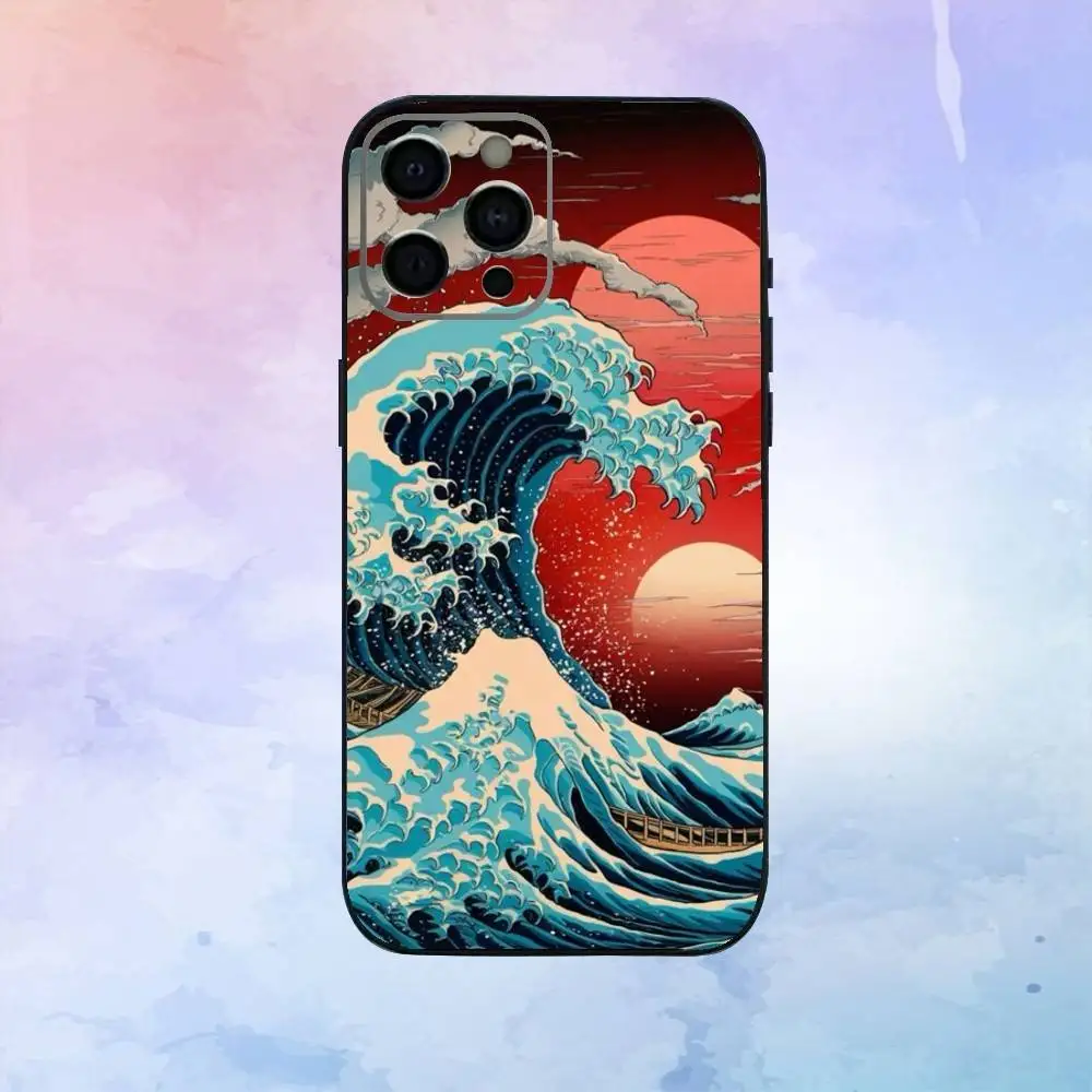 Etui na telefon z motywem Wielkiej Fali w Zatoce Kanagawa dla iPhone'a 17, 16, 15, 14, 13, 12, 11 Plus, Pro Max, miękki czarny pokrowiec