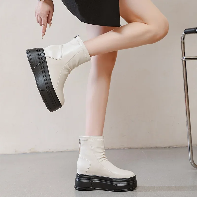 Fujin 8.5cm Retro Synthetic Leather Snow Heel Boot Ethnic ZIP Platform Flats Autumn Women Motorcycle Ankle Booties Winter Shoes image 6