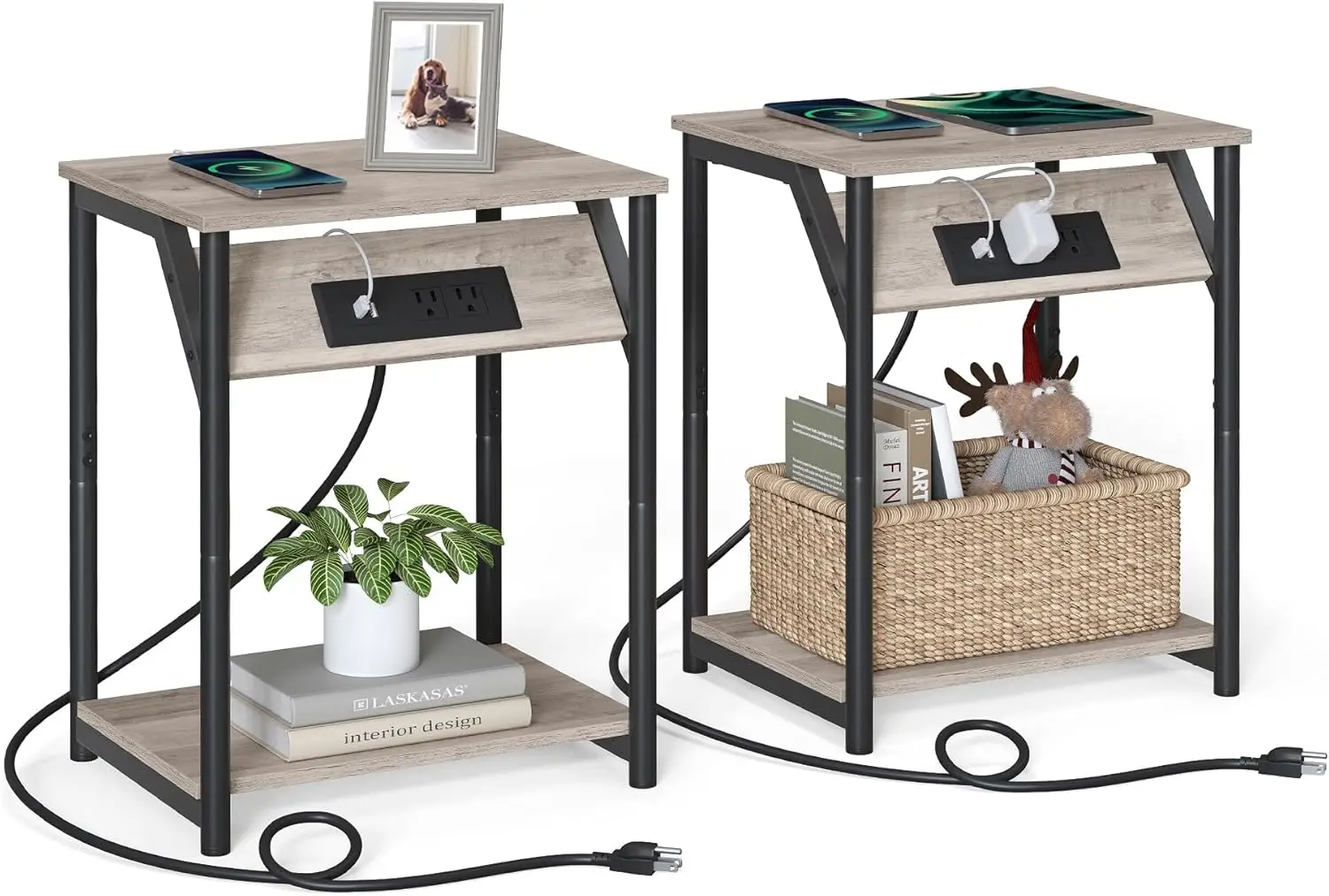 

Table With Charging Station, Set Of 2, Small Side Tables For Living Room, Bedroom, Nightstand With Outlets And USB P