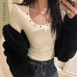 Yedinas Streetwear Slim T Shirt Women Clothes Long Sleeve Korean Fashion Tees Female Clothing 2000s Clothes Y2k T-shirt Tops