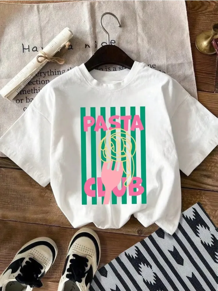 Camiseta de mujer, camiseta de verano con estampado de letras Spaghetti Club, Top de cuello redondo de manga corta Y2K moderno y divertido. Personalidad