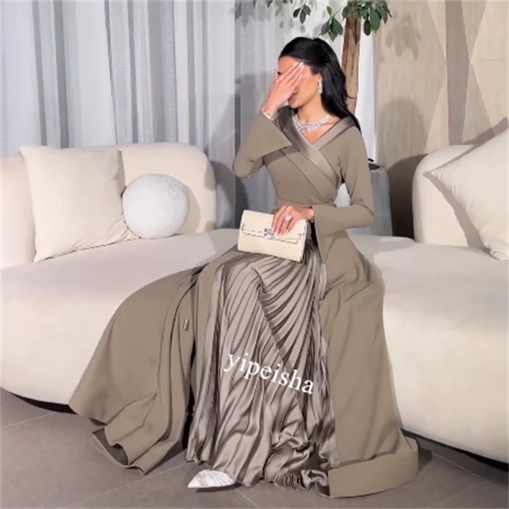 Customized Prom Jersey Draped Graduation A-line V-neck Bespoke Occasion Gown Long es Saudi Arabia Evening