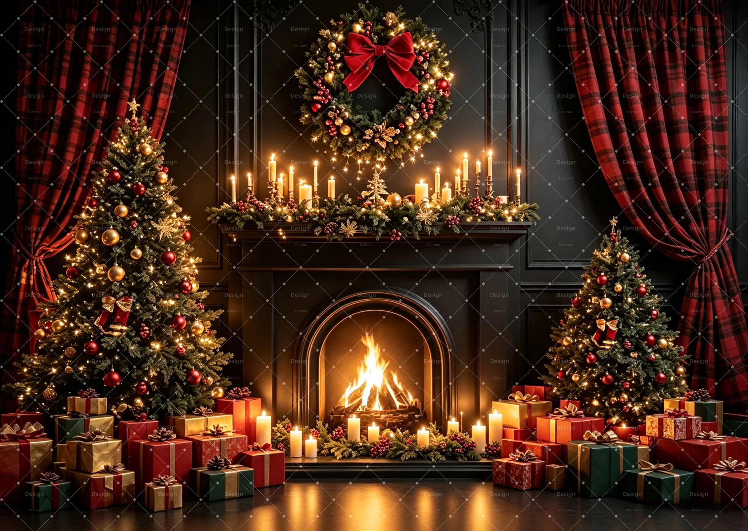 Vintage Plaid Curtain Christmas Room Photography Backdrop Fireplace Xmas Tree Gift Box Round Rug Background Studio Decor Prop