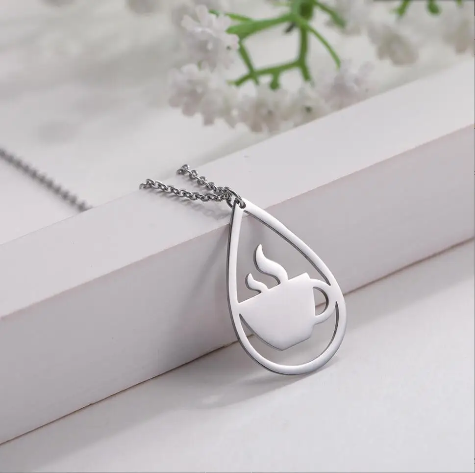 1PC Hollow Coffee Cup Water Drop Pendant Necklace for Women 2022 Jewelry High Qulity Stainless Steel Chokers Jewelry F1589