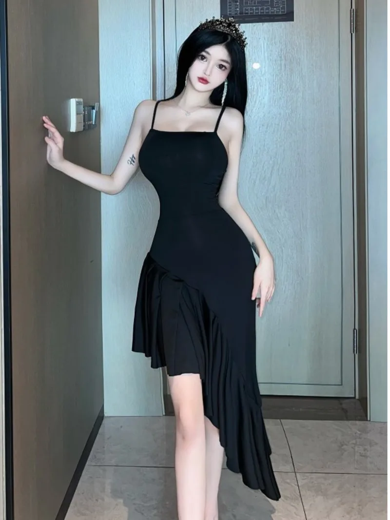 

Black Long Tank Sling Dress Sexy Irregular Ruffle Strap Dress Fashion Fishtail Sweet Women 2023 New Tops Party Korean JY5D