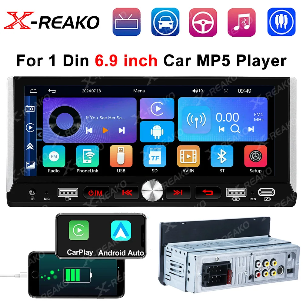 

X-REAKO Car Radio Stereo 1 Din 6.9'' MP5 Player Autoradio Wireless Carplay Android Auto Bluetooth FM USB 1DIN Multimedia Player