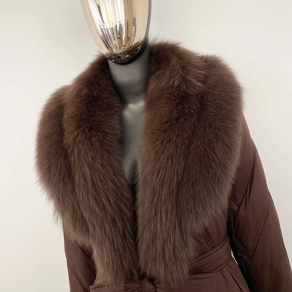 المرأة الأبيض أوزة أسفل سترة طويلة سترة منفوخة ريال فوكس الفراء رفض طوق الشتاء الواقع معطف الفرو سميكة معطف حزام دافئ