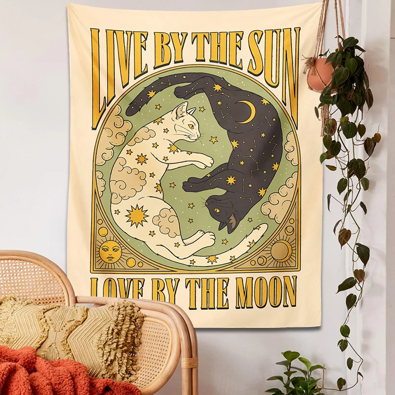 Sonne Mond Katze Tapisserie Wandbehang Tarot Retro schwarz weiß Katze psyche delische Liebe Stern für Wohnzimmer Wohnheim Dekor Stoff Geschenk