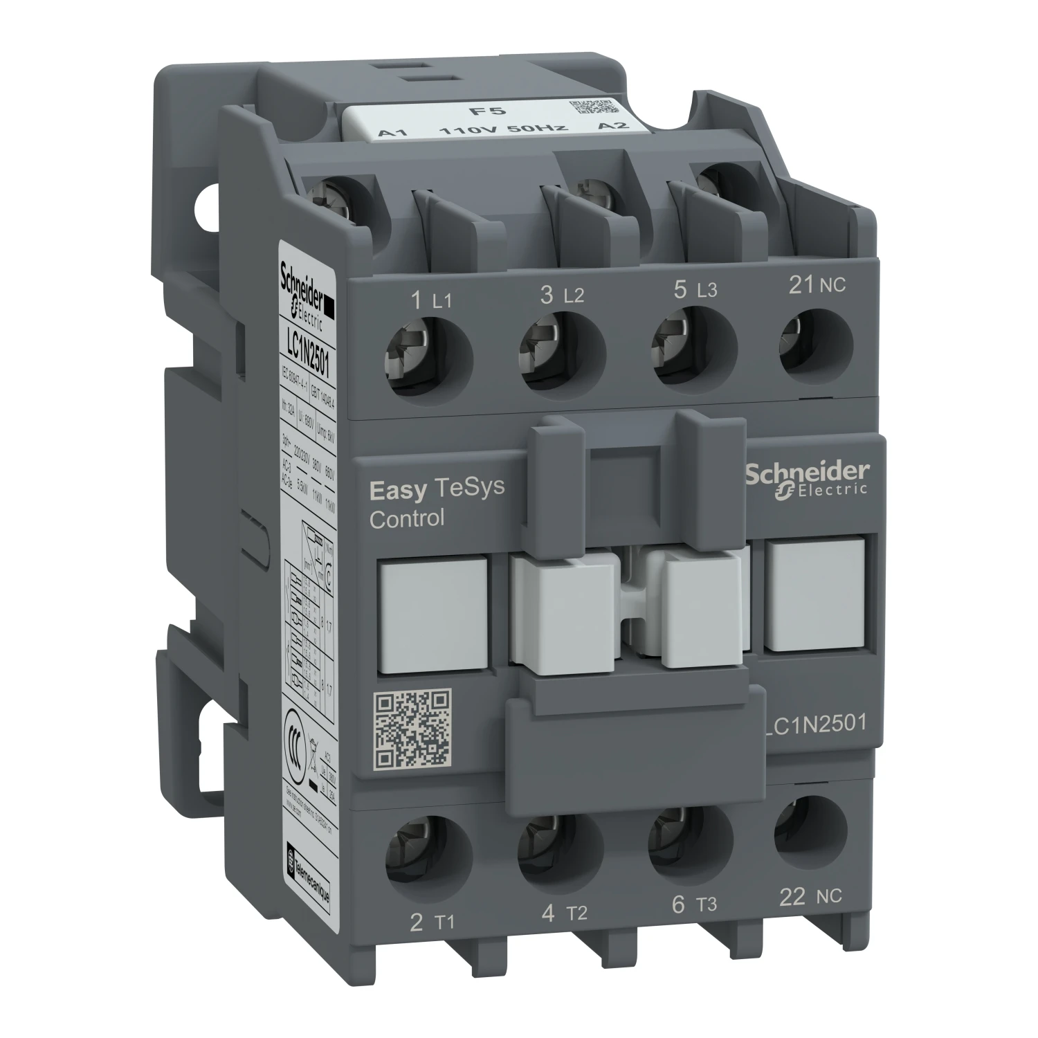 Contactor,Easy TeSys Control,LC1N,3P(3NO),AC-3,=440V,25A,110V AC coil,50Hz,1NC auxiliary contact LC1N2501F5N