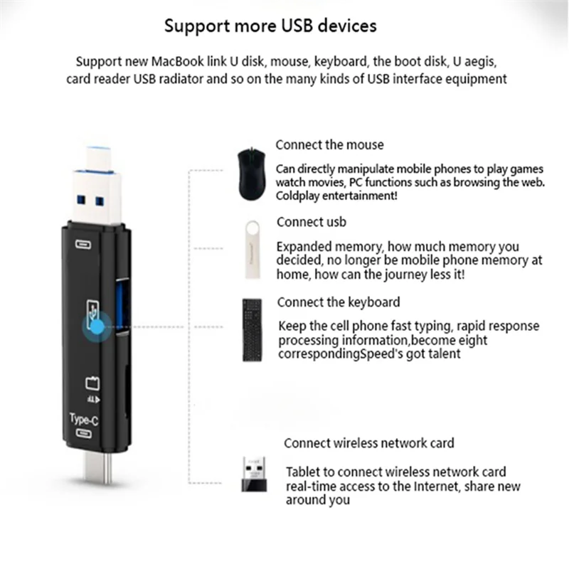 AD41-5 en 1 USB 2.0 Type C/USB /Micro-USB/TF/SD lecteur de carte mémoire OTG lecteur de carte adaptateur téléphone portable