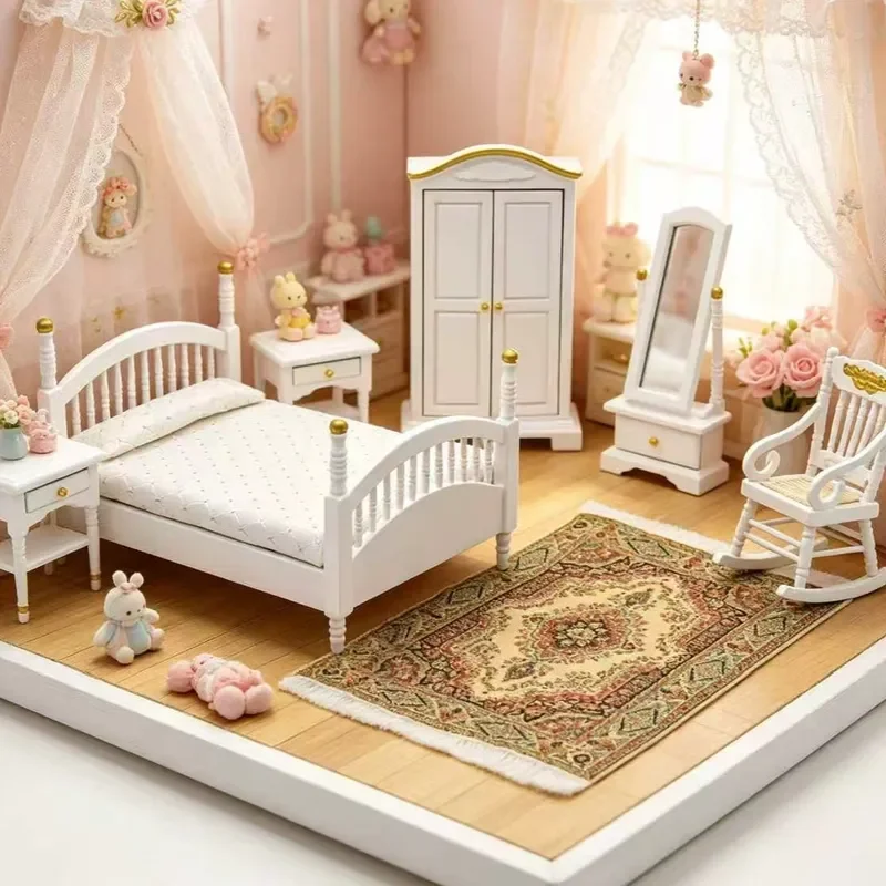 Doll house mini furniture model ornament 1:12 miniature bedroom scene ob11 wooden bed furniture 7-piece set