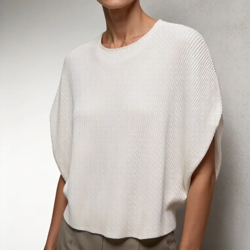 Miyake Pleated Mesh T-Shirt Plisse 2026 Top Summer New Age-Reducing Loose Plus Size Mesh Breathable Batwing Sleeve T-Shirt Women