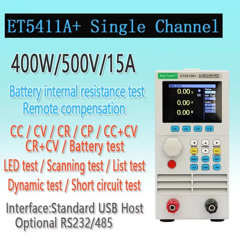 ET5410A Professionelle elektronische DC-Last 0-150V 0-40A 400W 4 Modi (CC/CV/CP/CR) USB/RS485-Steuerung CE/FCC-Testnetzteil, Batterien, hochpräzises programmierbares Ladegerät,