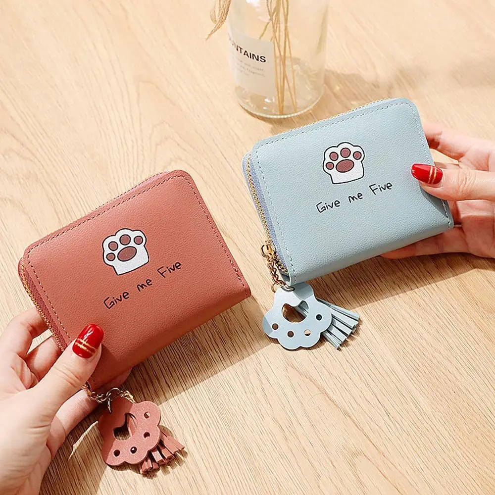 Elegant Mini Coin Purse Sweet Multifunctional Cat Claw Letter Tassel Purse Wallets For Women Casual PU Leather Zipper Money Bag