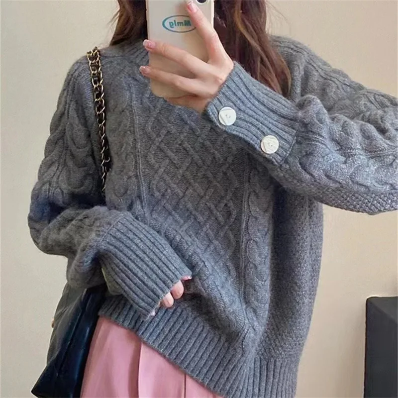 

Thick Twisted Sweater Women 2024 Autumn Long Sleeve O-neck Female Knitted Pullover Solid Casual Loose Lady Kintwear Tops