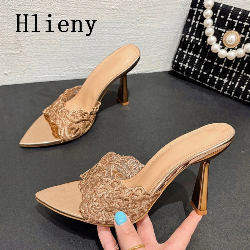 Hlieny Sexy Pointed Toe Mesh High Heels Slippers Stripper Summer New Fashion Slip On Slides Women Party Sandals Shoes Size 35-41