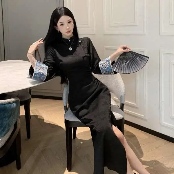 

plus Size 300 Pou Bla Embroidered Young Sle Svel Women's Dr Korean Version Commute Sle Autumn Season Long S...
