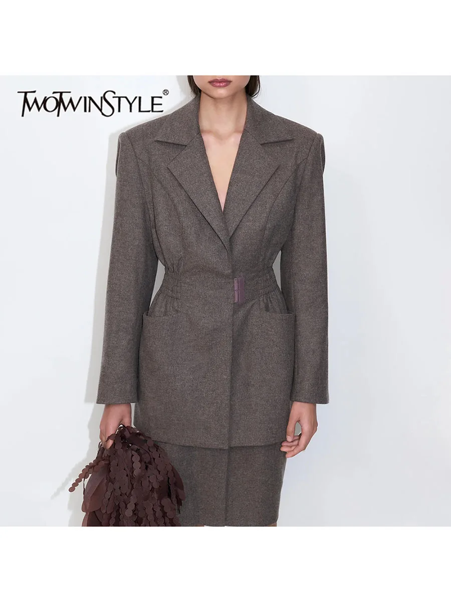 TWOTWINSTYLE Ruched Spliced Belted Slimming Jacket for Women Lapel Collar Long Sleeve Patchwork Pocket Solid Jackets Female New