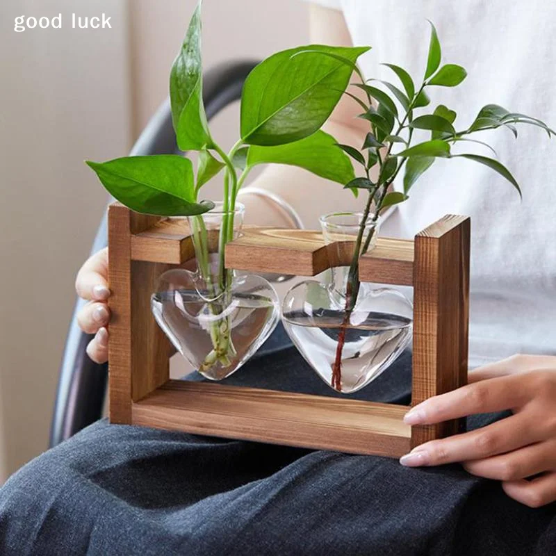 Tabletop Glass Planter Propagation Station Hydroponic Plant Vase With Wooden Tray Flower Container For Home Office Decoration