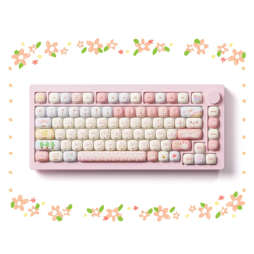 Cute Round Pig Party Keycap 2024 New MOG Height PBT Material Mushroom shaped 139keys Alice Layout Keycap 6.25/7U space key