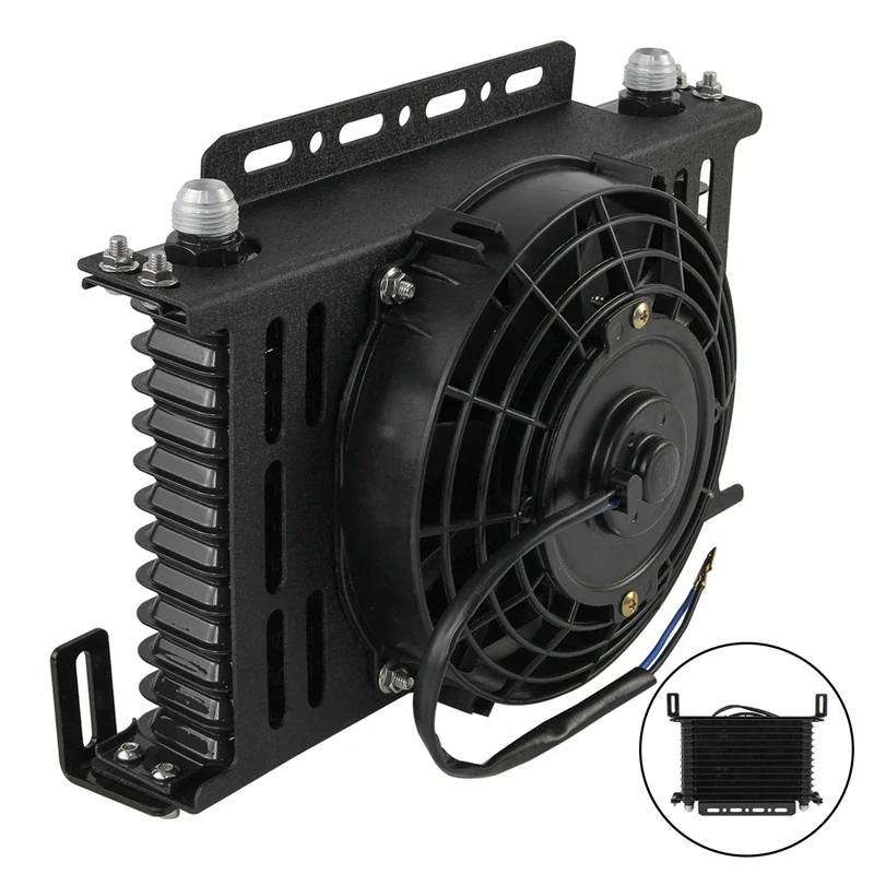 Ölkühler Universal 13-reihiges Getriebe 10AN 7/8"-14 UNF + 7" Elektrischer Lüfter-Kit mit neuer Typ-Montagehalterungssatz Schwarz/Blau