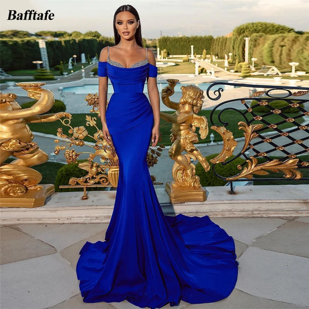 

Bafftafe Royal Blue Satin Evening Dresses Mermaid Sequined Pleated Formal Party Women Dress Court Train Prom Gowns Occasion 2024